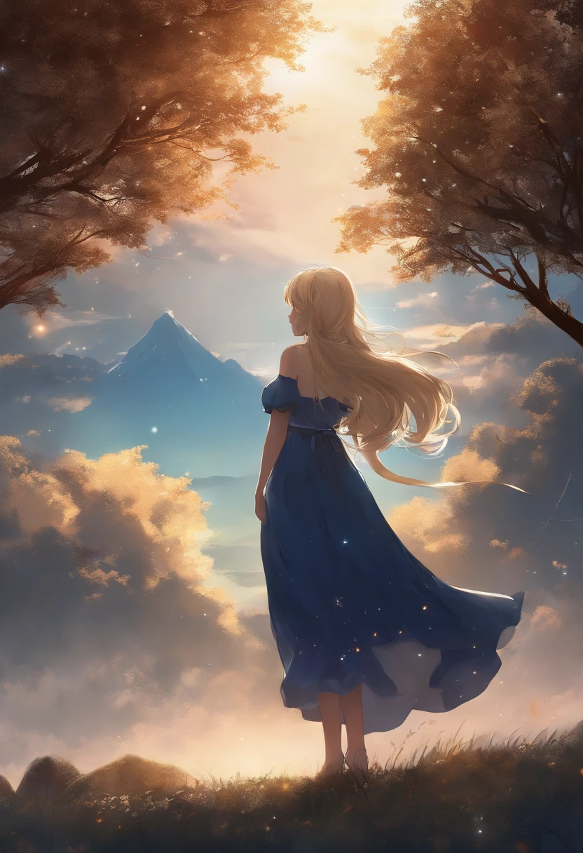 absurderes、hight resolution、(Official art、Beautifully Aesthetic:1.2)shining sky, Vast world, Distant horizon, cloud, High hills, natural beauty, nigh sky, starrysky, milkyway, Shining stars, look up to, Smooth straight beige hair,(Deep Blue Eyes:1.2),(Looking Up:1.1),(A wistful look),(shed tears:1.2)