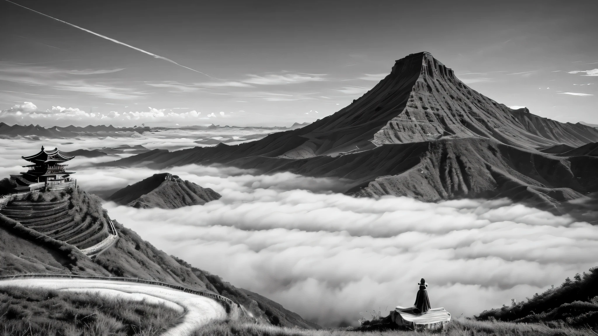 Make me a picture of myth,myth,Cultivation,Sky,A little person,bow down,black and white,ink
