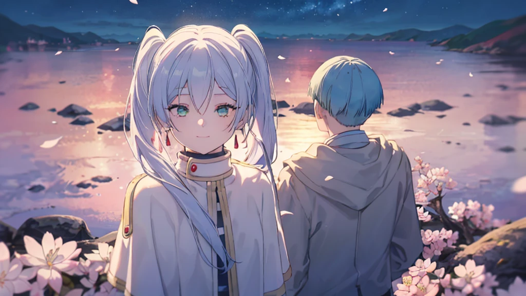 ((highest quality, super detailed girl and boy:1.4))BREAK,(girl is White hair,green eyes,shining eyes,((absurdly long twin tail)):1.3),BREAK,(boy is Blue hair,boy is short hair:1.3),BREAK,(boy and girl walking side by side:1.4),(landscape photography:1.2), (highly detailed background:1.2),(cherry blossoms, cherry blossom,standing, midnight, moon:1.3),(total1 girl,total 1 boy,duo:1.3),(from above:1.3),(girl is expressionless:1.2),(boy is smile:1.2)