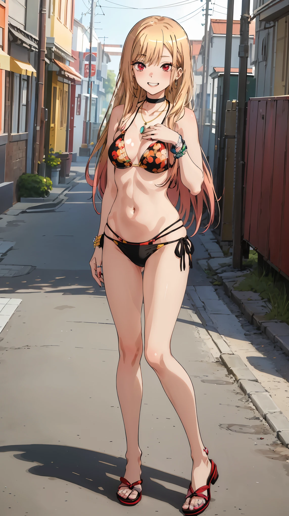 masterpiece, highest quality, High resolution, kitagawa marin sb, 1 girl, blonde hair, long hair, colorful hair, red eyes, jewelry, necklace, choker, Black Bikini, Floral, bracelet, side tie bikini bottom, (full body), (lift the chest:1.3), outdoor, grin and laugh