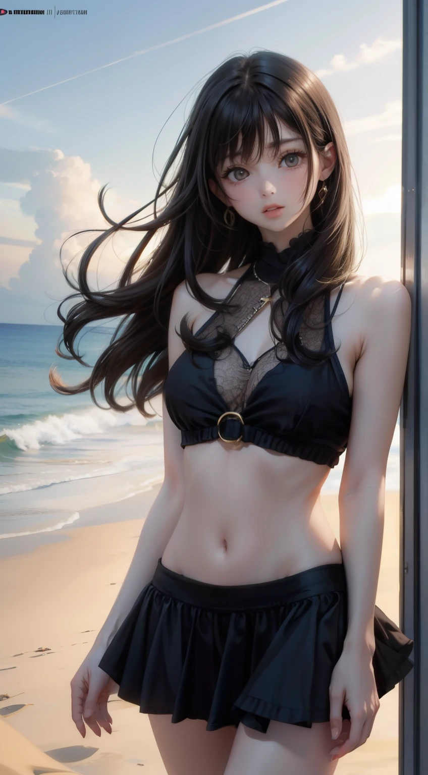 beach,black hair,straight hair,black dress,nipple,smoking,Super high quality,masterpiece,super high quality,ultra high resolution,best image quality,Top-class,最high quality,highest resolution,high quality,beautiful,beautiful,high quality,genuineな質感,genuine,8K,fine-grained,Two-dimensional beautiful girl、big breasts