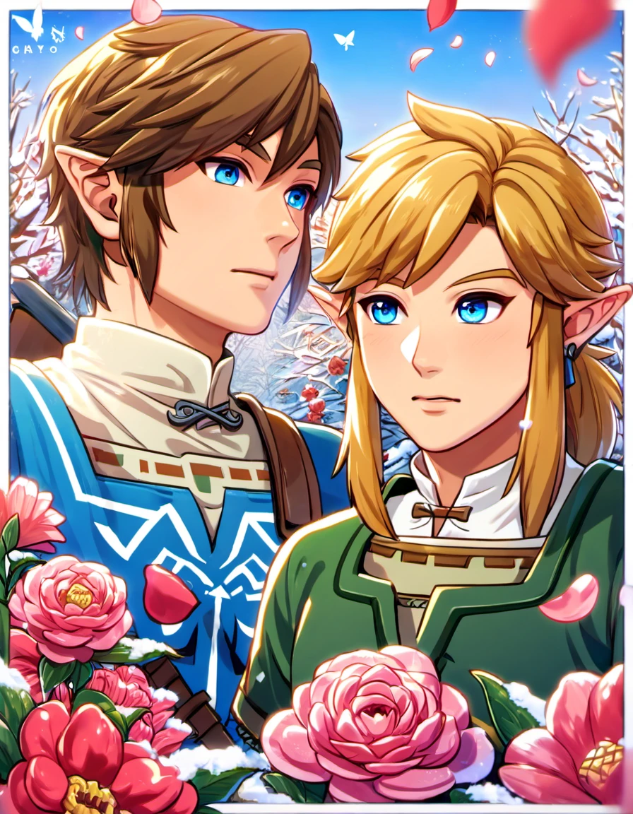 absurdres, highres, ultra detailed, HDR, master piece, best quality, Link, breath of the wild, blond hair, expressive sky-blue eyes, blue tunic, The legend of zelda, Link, twilight princess, brown hair, expressive dark-blue eyes, green tunic, 2men together, gay couple, handsome, winter, petals, flowers, garden, butterflies, snow