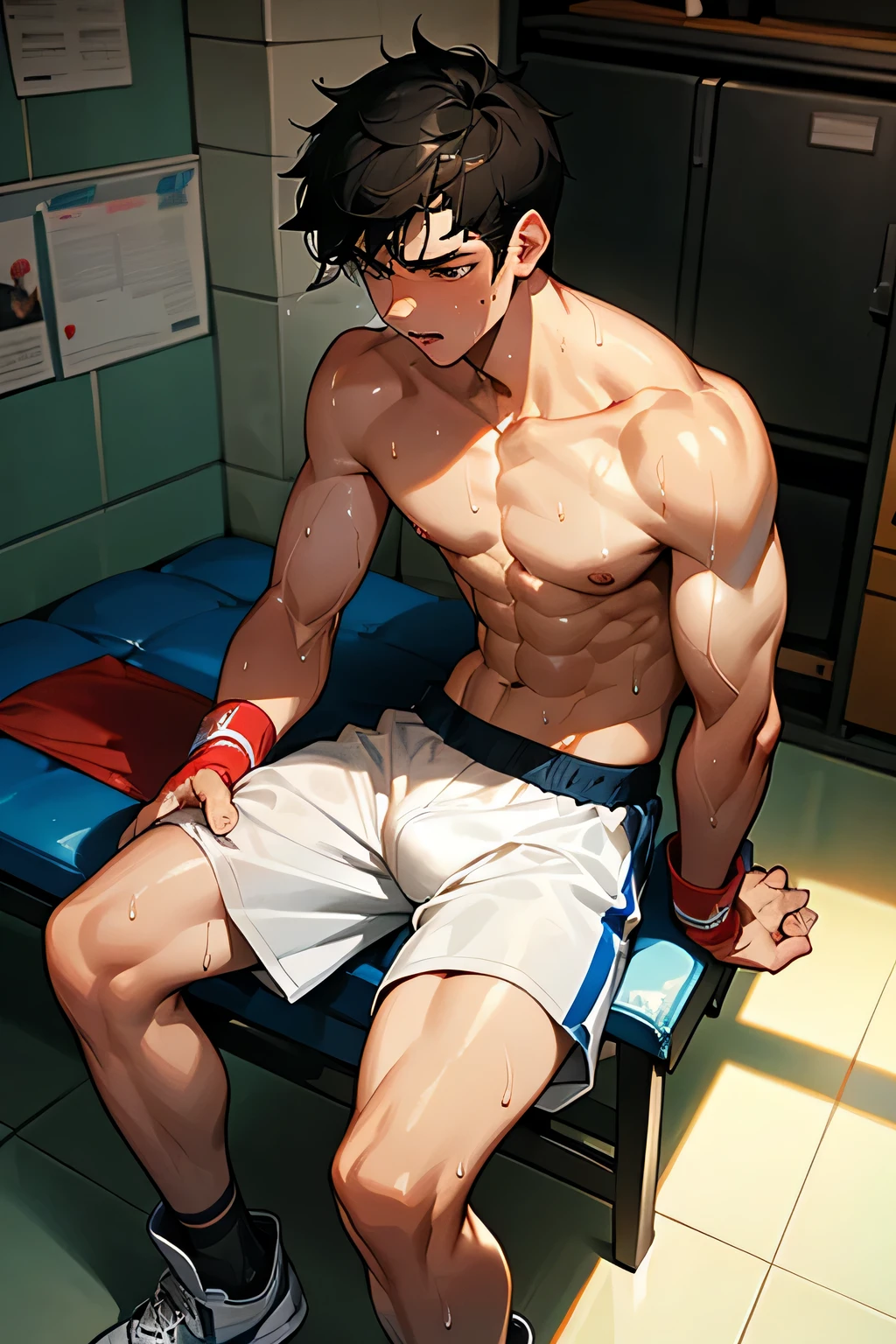 shirtless, super muscular, sweat-drenched body, dripping with sweat, 22-year old short black hair handsome caucasian male wearing sweat-drenched white boxing shorts, boxing boots, panting, very exhausted, drenched with sweat, sweating profusely, shirtless, sitting on the bench, holding a bottled water, towel, in the locker room