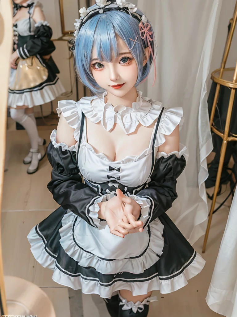 (8K, Photorealistic, Raw photo, of the highest quality: 1.3), (1girl in), Super beautiful, (Realistic face), (boyish, pink Color Berry Shorthair), Beautiful , Glare that captivates the viewer, Beautiful expression, Beautiful breasts, (Realistic skin), Be...Create a detailed and colorful image of Ram and Rem from Re:Zero, standing back-to-back in their maid outfits, with a magical fantasy background、14years old, two girls,cute, perfect face, beautiful, nice body, gothic ta clothes, gothic loliashion, frilly skirt, headdress, necklace, bracelet, knee-high socks, boots, double eyelids, tear bags, Detailed down to the fingers, photo-like description, indoors, dim indoor lighting, one girl is pink hair and short bob, another girl is light blue hair and short bob,standing, sexy posing,whole body, composition that shows the whole body, smiling,The Both of them are wearing the same type of maid outfit,Optimal ratio of 4 fingers and 1 thumb