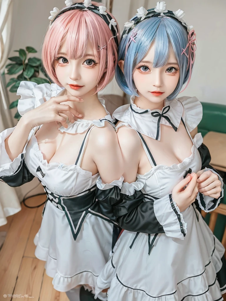 (8K, Photorealistic, Raw photo, of the highest quality: 1.3), (1girl in), Super beautiful, (Realistic face), (boyish, pink Color Berry Shorthair), Beautiful , Glare that captivates the viewer, Beautiful expression, Beautiful breasts, (Realistic skin), Be...Create a detailed and colorful image of Ram and Rem from Re:Zero, standing back-to-back in their maid outfits, with a magical fantasy background、ars old, two girls,cute, perfect face, beautiful, nice body, gothic lolita clothes, gothic lolita fashion, frilly skirt, headdress, necklace, bracelet, knee-high socks, boots, double eyelids, tear bags, Detailed down to the fingers, photo-like description, indoors, dim indoor lighting, one girl is pink hair and short bob, another girl is light blue hair and short bob,standing, sexy posing,whole body, composition that shows the whole body, smiling,The Both of them are wearing the same type of maid outfit,Optimal ratio of 4 fingers and 1 thumb