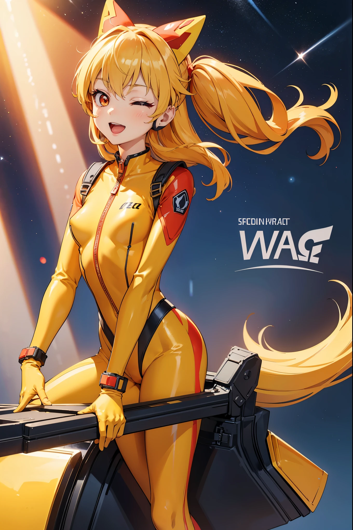 (Overhead view),dynamic angle,ultra-detailed, illustration, close-up, straight on, 1girl, 
 ((souryuu asuka langley, interface headset, Look at viewers、Yellow Hero Suit、Yellow body suit、tight suits、(nffsw :1.0), Yellow Ultraman Bodysuit, blonde)),Her eyes shone like dreamy stars,(glowing eyes:1.233),(beautiful and detailed eyes:1.1),(expressionless),(standing), Spell of the Last（prompt）
(masterpiece, best quality, ultra high res, perfect anatomy, extremely detailed),
BREAK,
1girl,
14 years old,
red eyes,
twintails,
Blonde hair,
very large ribbon in hair,
idol costume,
BREAK,
(finger pointing),
(full face),
one eye closed,
(open mouth),
glow eyes,
smile,
stage light,
(mechanic room with toolsand spaceship windowin a white SPACESHIP),
(night:1.2),dreamy, [[delicate fingers and hands:0.55]::0.85],(detail fingers),