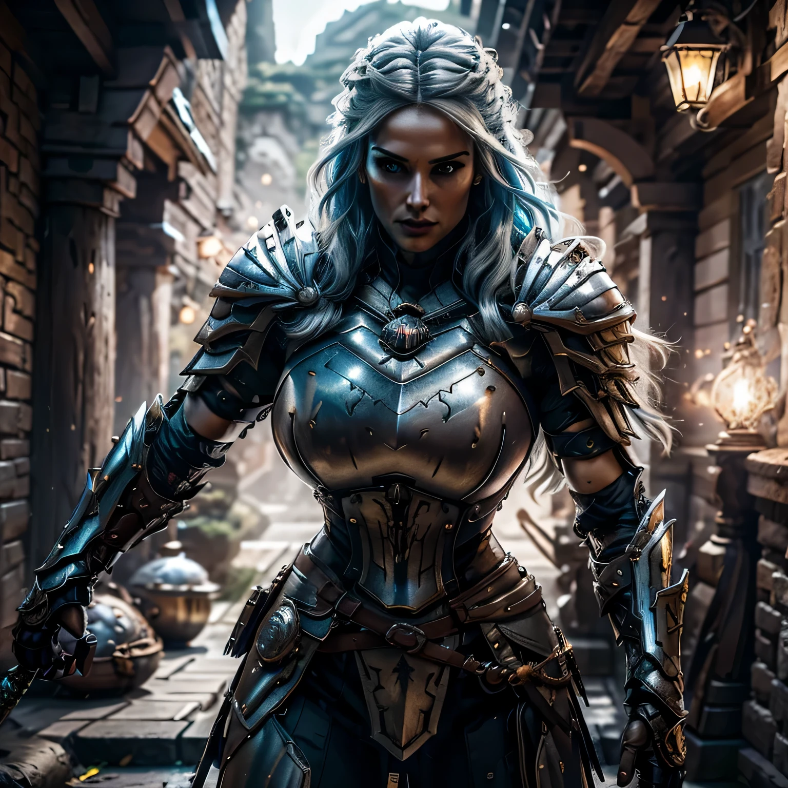 8K,asgard female warrior with very big breasts,Super beautiful(like the real thing),black very large chest armor,realistic skin,luxury black pants,Has a large, long black spear,sexy,muscular slim body,ripped abs,black shoulder armor,black waist armor,black leg armor,desert, rich colors, Backlight, cinematic lighting, film grain, RAW, 50mm lens,nikon　D850,ultra high resolution,Super realistic,goddess,battle scene,action scene,action pose,shine a light on the face, long wavy blue hair, the Witcher, the Witcher armor, yennefer