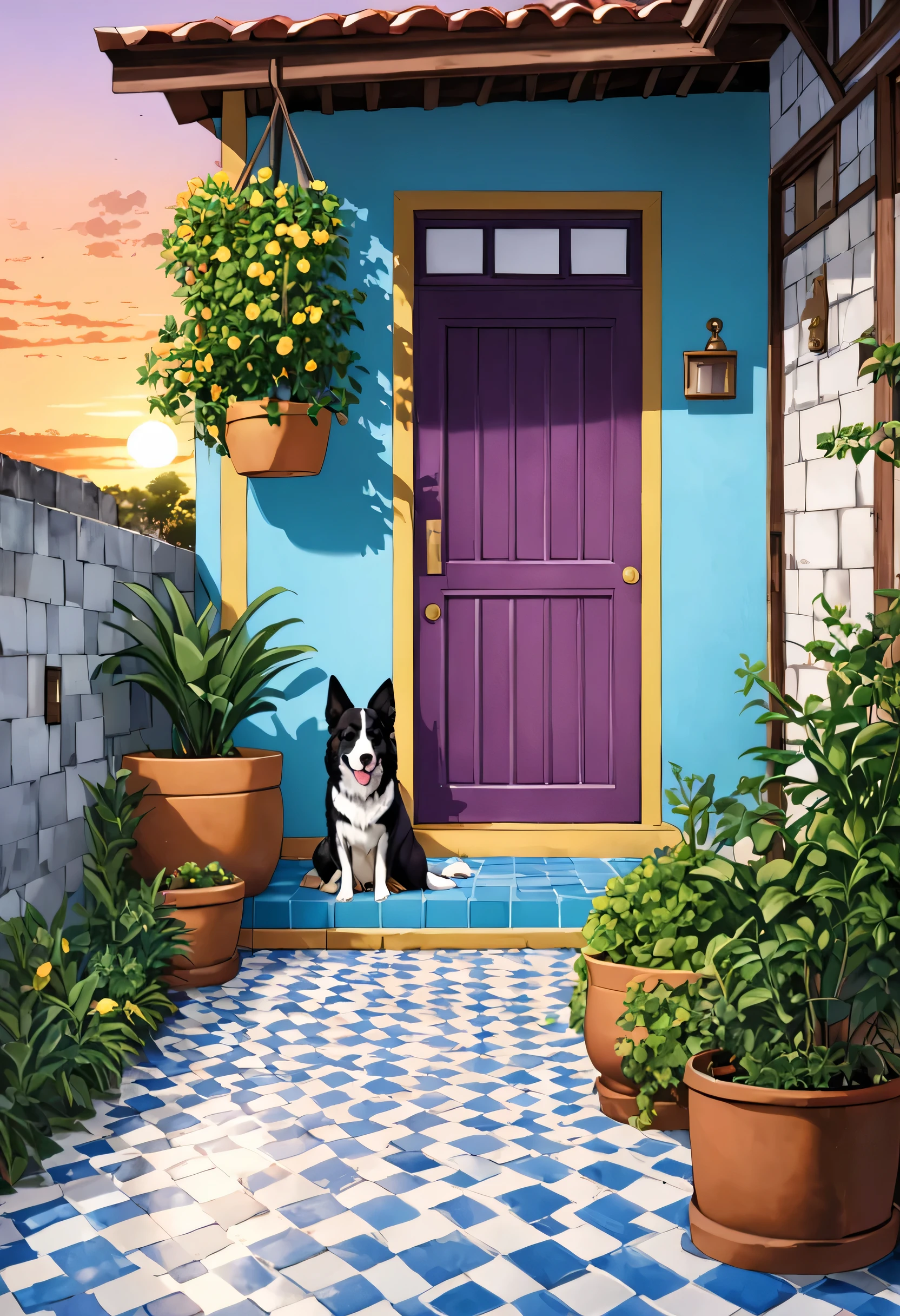 Estilo anime,Imagine uma casa simples brasileira na zona rural, interior, feita com blocos e concreto, telhado com telhas de barro , janela ,with two plants at the entrance and a dog sitting on the sidewalk , faxada pintada na cor azul celeste, white tiled sidewalk , casa modesta e acolhedora ,humilde no Brasil, at sunset yellow and purple 