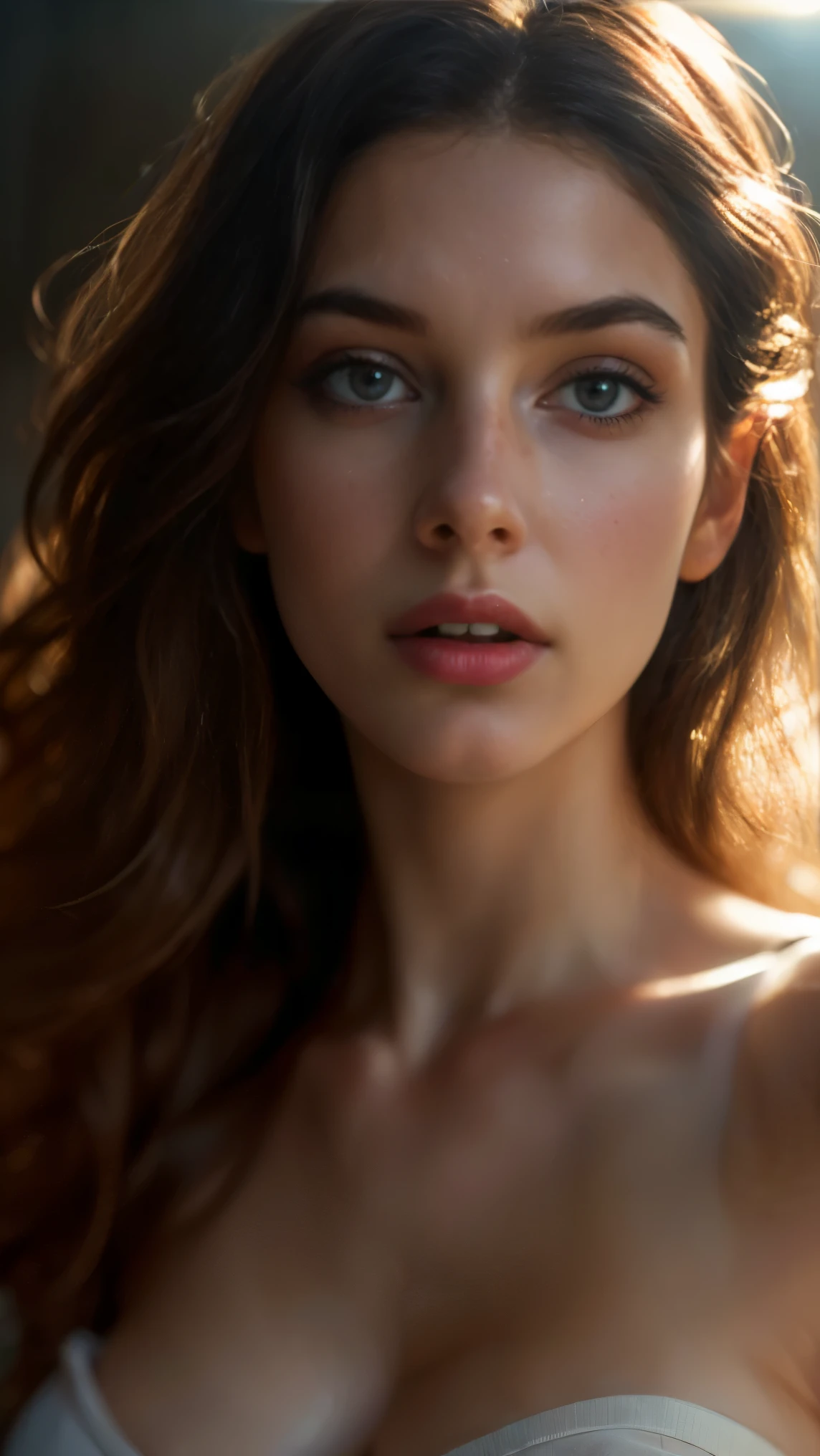(((ultra realistic))) Photo, masterpiece, top quality, (pale skin), (Ultra detailed face and eyes:1.3), 1 girl, Adult, in a T-shirt, full body, (Eye makeup, mascara) , ((large detailed lips)), ((ash wavy hair)), ((Chyolka)) , (Natural breasts), Slim waist. ((Posing)), photoshoot, studio (soft lighting), (The play of light and shadows), depth of field, bokeh, (special attention to skin detail: 1.2), Detailed leather texture, skin pores. (Airy atmosphere of the frame. Color range - delicate, Bright, white, Pink tones), UDR, ((Film grain)), ((rays)), ((glare of the sun)), ((waist up portrait, close to the camera)) , ultra detialed,
