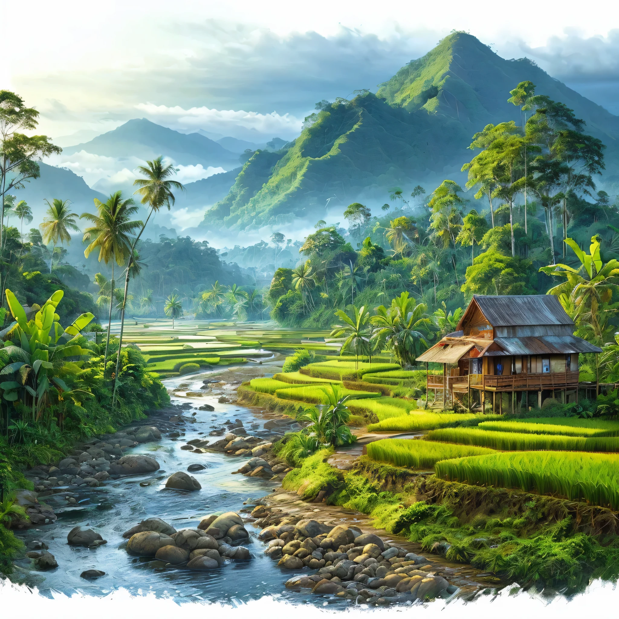 beautiful paintings of rice fields, rocky rivers, banana trees, coconut trees, wooden houses with tin roofs, with mountain backgrounds, fine art paintings, trending in the CG community, Sumatra, houses in the forest, son, tropical locations, cellphone wallpapers