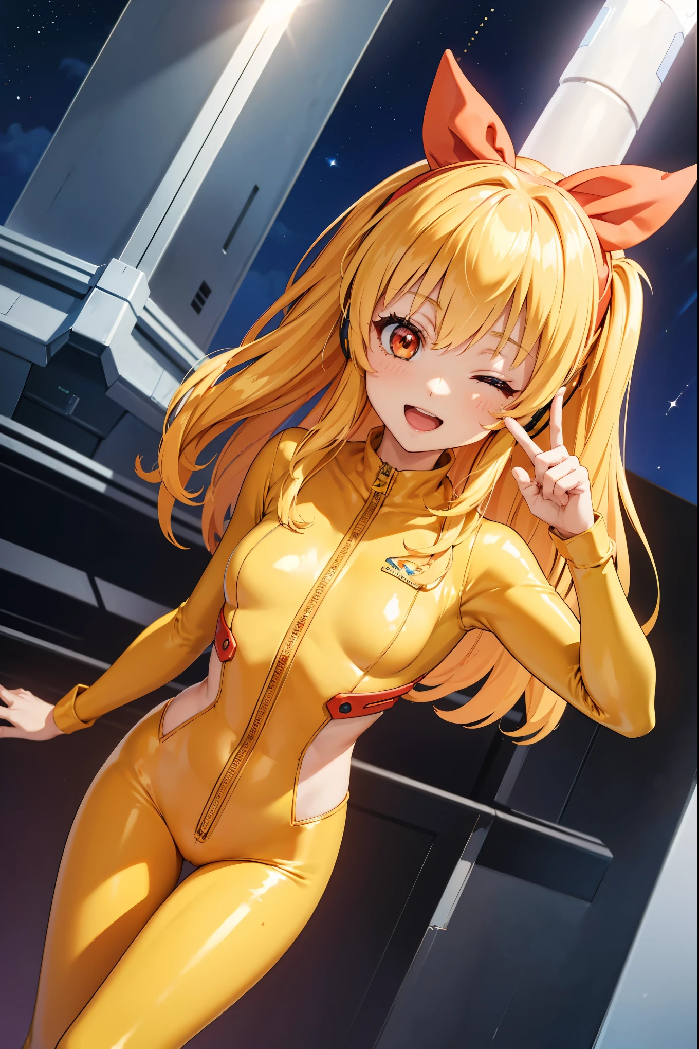 (Overhead view),dynamic angle,ultra-detailed, illustration, close-up, straight on, 1girl, 
 ((souryuu asuka langley, interface headset, Look at viewers、Yellow Hero Suit、Yellow body suit、tight suits、(nffsw :1.0), Yellow Ultraman Bodysuit, blonde)),Her eyes shone like dreamy stars,(glowing eyes:1.233),(beautiful and detailed eyes:1.1),(expressionless),(standing), Spell of the Last（prompt）
(masterpiece, best quality, ultra high res, perfect anatomy, extremely detailed),
BREAK,
1girl,
,
red eyes,
twintails,
Blonde hair,
very large ribbon in hair,
idol costume,
BREAK,
(finger pointing),
(full face),
one eye closed,
(open mouth),
glow eyes,
smile,
stage light,
(mechanic room with toolsand spaceship windowin a white SPACESHIP),
(night:1.2),dreamy, [[delicate fingers and hands:0.55]::0.85],(detail fingers),