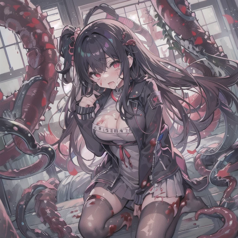 masterpiece, best quality, masterpiece,best quality,official art,extremely detailed CG unity 8k wallpaper, show foot, , solo, kawaii, no_humans, medium hair, black hair, tentacle hair, saliva, blood on face, light blush, red eyes, blood from eyes, large breasts, hanging breasts, one breast out, seifuku, black pantyhose, uwabaki, tentacle, vore, bdsm, girl_on_top, sex, femdom, facesitting, pussy_juice, female_ejaculation, cum, zombie girl ,one girl one boy,Girl infects man,Man under girl