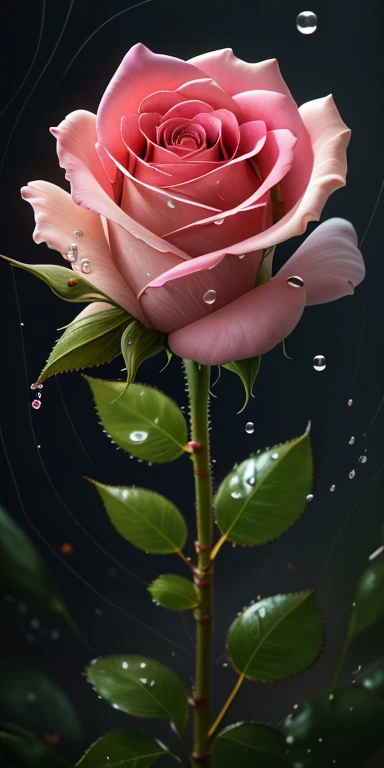 highest quality, Super detailed, "赤いRoseの花の雨" ,ultra wide angle,accent lighting,Volumetric Lighting, (detailed light),((Very delicate and beautiful)),HDR、Rose、赤いRose、Petals fluttering、art、Glowing water droplets、Water drops falling on the petals、A masterpiece of transparent painting、universe、Melting、Roseの雨が降る、