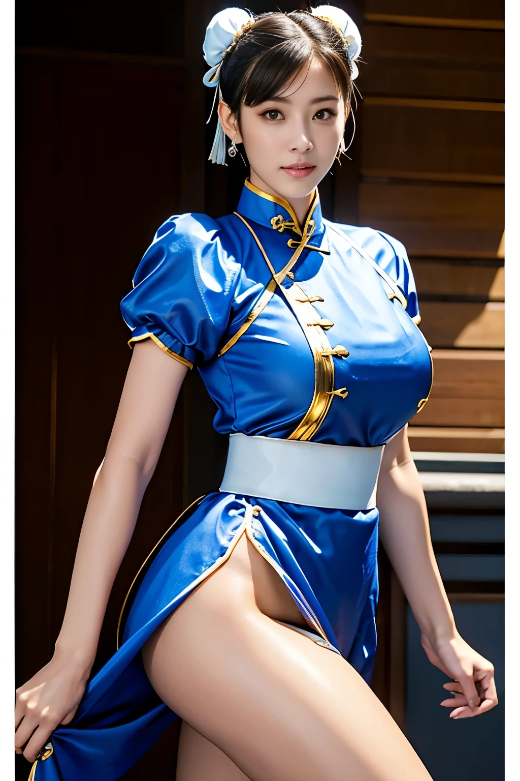 Chun-Li from Street Fight II,perfect chun li costume,blue cheongsam with gold lines,Bun head,Good cover,fighting pose,ハイkick,kick、raise your legs,masterpiece、1 beautiful girl、fine eyes、puffy eyes、highest quality, 超High resolution, (reality: 1.4), movie lighting、super beautiful、beautiful skin、body turns forward、(超reality的な)、(High resolution)、(8K)、(very detailed)、(美しくfine eyes)、(Super detailed)、 (wall-)、detailed face、bright lighting、professional lighting、looking at the viewer、Look straight ahead、slanted bangasterpiece, highest quality, masterpiece, highest quality, perfect face, perfect brown eyes with white sclera, Bad move - 5, alone, 1 girl, Upper body, brown hair, From SF2, Chinese service, smile, muscular woman, blue clothes, pantyhose, pelvic curtain, Plump short sleeves, Good cover, sash, evaluation:safety