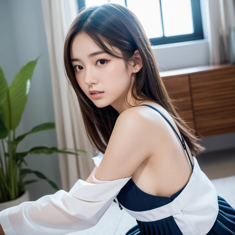 (8k, RAW photos, top quality, masterpieces: 1.3), (realistic, photorealistic: 1.37), (night), (viewers: 1.331), (gray hair), posing, Tokyo Street, night view, cyberpunk city, soft light, 1 girl, very beautiful face, bust, hands laying, random hairstyle, random expression, big eyes, lower abdomen, (short sleeves JK_shirt), JK_ style, (dark blue JK_skirt), (ribbon JK_tie), mix4, detailed eyes, full body, swimsuit, 18 years old