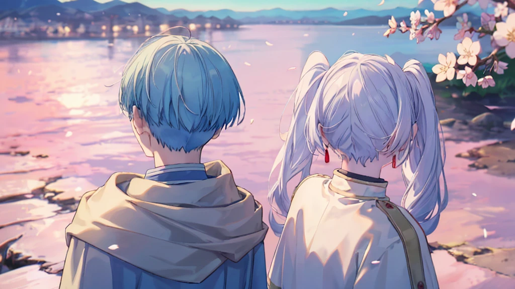 ((highest quality, super detailed girl and boy:1.4))BREAK,(girl is White hair,green eyes,shining eyes,((absurdly long twin tail)):1.3),BREAK,(boy is Blue hair,boy is short hair:1.3),BREAK,(boy and girl walking side by side:1.4),(landscape photography:1.2), (highly detailed background:1.3),(cherry blossoms, cherry blossom,standing, midnight, moon:1.3),(total1 girl,total 1 boy,duo:1.3),(from above:1.3),(girl is expressionless:1.2),(boy is smile:1.2)