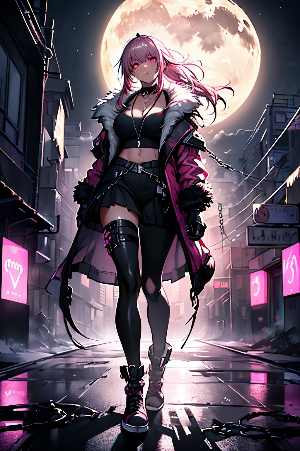 (art, best quality, ultra-detailed, high contrast), 1 woman (Alone, full body, plus size body, standing on the edge of the skyscraper, silver hair, LONG FLOWING HAIR in a ponytail, broken ruby red eyes, (leggings, pleated skirt, sports top, high ponytail, high boots, long fur jacket, black cybernetics with neon pink), detailed face, black transparent tights, ( on a foggy moonlit night in a ghost town, detailed background ()) detailed face, hyper detailed eyes, detailed lips , , with a metal necklace with chain around her neck, lineart, multiple view(1, 2)