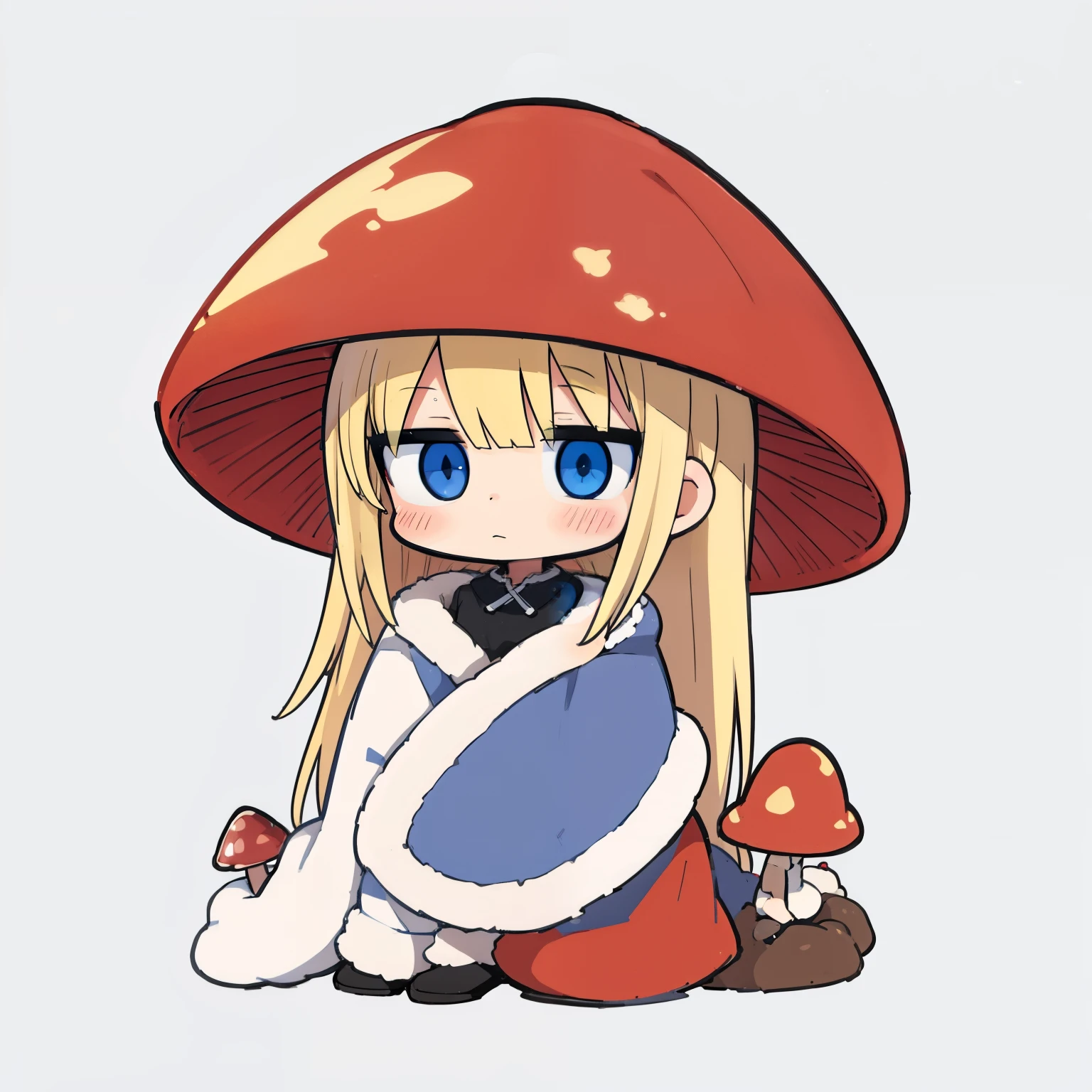 cozyblanket, chibi, simple background,Mushroom_Girl,red mushroom hat, blue eyes,blonde hair,crossed bangs