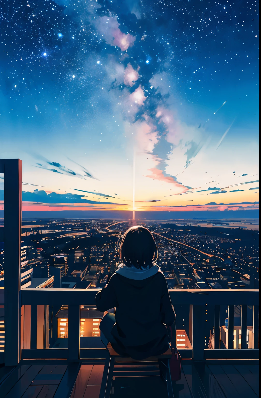 octans, sky, star (sky), scenery, starry sky, night, 1girl, night sky, solo, (back view), perfect hand, outdoors, building, cloud, milky way, sitting, tree, country town, silhouette, cityscape
