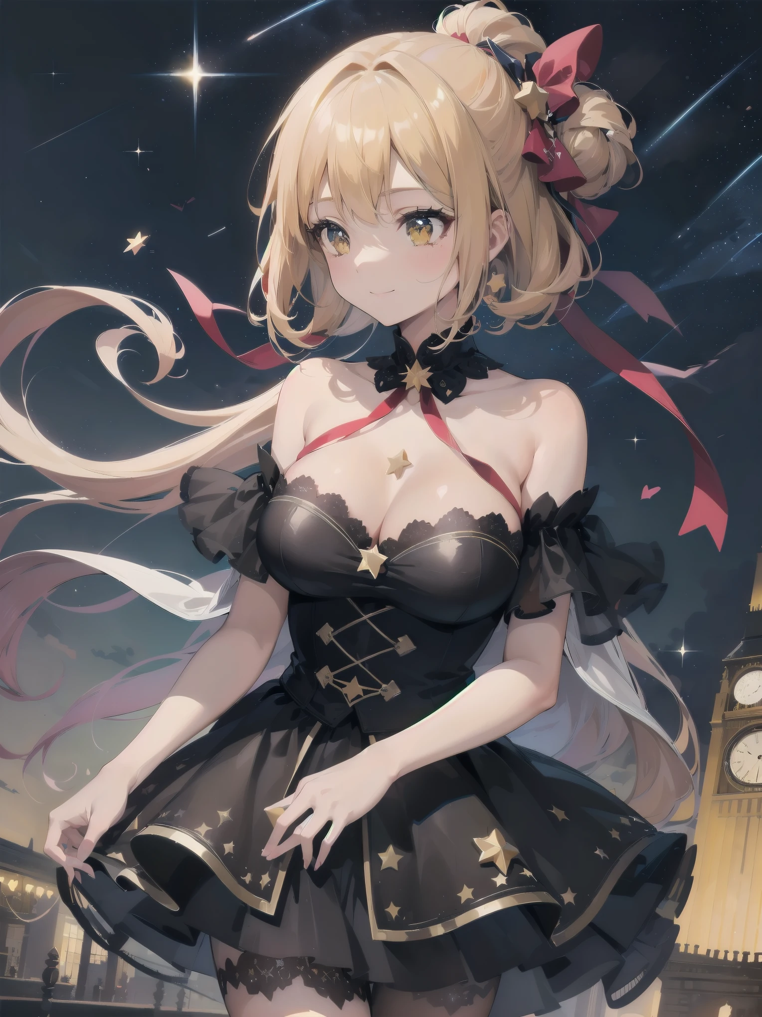 absurdres extremely detailed CG,high resolution,(best quality:1.3),(best masterpiece:1.3),super fine illustration,vibrant colors,official art,8k wallpaper,(looking away:1.3),dynamic depiction,dynamic angle,dynamic pose,depth of field,cinematic lighting,BREAK,(one beautiful girl:1.3),solo,blonde hair,very long hair,shiny hair,Silky hair,yellow eyes,deep detailed eyes,cute eyes,sparkling eyes,(seductive smile:1.3),natural make,BRAKE,((wonderland)),Gothic decoration,((sticker style)),(heart item,star item,ribbon:1.5),(symbolic:1.2), conspicuous,(star glitter and hart glitter:1.5),(kawaii town at night:1.5),(big clock tower:1.2),(Meteor shower,star and hart effect:1.3),
