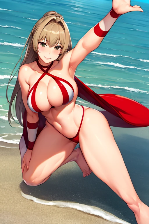 masterpiece, best quality, beautiful art, high resolution, well formed hands, body and fingers, 1 woman, solo, Sento Izuzu, adult, big breasted, cleavage, wearing a Tyris Flare outfit, full body, sexy and skimpy bikini, gorgeous legs and thighs , dancing seductively and erotically, turning backwards and forwards, showing her back and front, showing her butt, t -back, smiling joyfully, looking at the viewer, flirting, beach environment