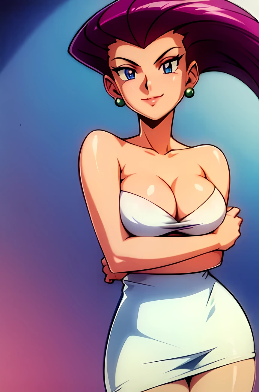 Jessie with a very short and tight white dress, low-cut dress, bare shouders, lowering her neckline and showing her breasts, looking at player, medium breasts, close mouth, naugthy smile, jessie pokemon, hair slicked back, very long hair, purple hair, blue eyes, 1990s style