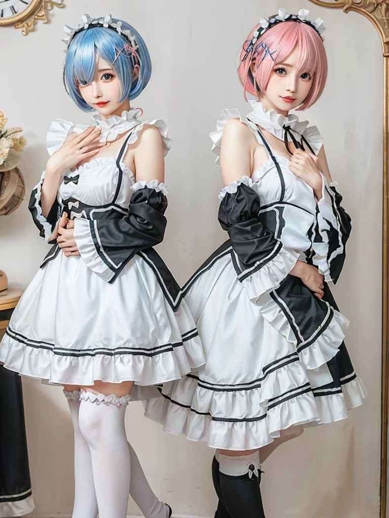 (8K, Photorealistic, Raw photo, of the highest quality: 1.3), (1girl in), Super beautiful, (Realistic face), (boyish, pink Color Berry Shorthair), Beautiful , Glare that captivates the viewer, Beautiful expression, Beautiful breasts, (Realistic skin), Be...Create a detailed and colorful image of Ram and Rem from Re:Zero, standing back-to-back in their maid outfits, with a magical fantasy background、14years old, two girls,cute, perfect face, beautiful, nice body, gothic ta clothes, gothic loliashion, frilly skirt, headdress, necklace, bracelet, knee-high socks, boots, double eyelids, tear bags, Detailed down to the fingers, photo-like description, indoors, dim indoor lighting, one girl is pink hair and short bob, another girl is light blue hair and short bob,standing, sexy posing,whole body, composition that shows the whole body, smiling,The Both of them are wearing the same type of maid outfit,Optimal ratio of 4 fingers and 1 thumb