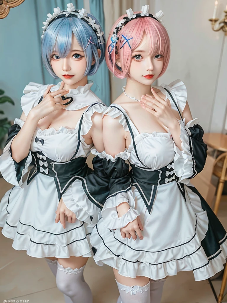 (8K, Photorealistic, Raw photo, of the highest quality: 1.3), (1girl in), Super beautiful, (Realistic face), (boyish, pink Color Berry Shorthair), Beautiful , Glare that captivates the viewer, Beautiful expression, Beautiful breasts, (Realistic skin), Be...Create a detailed and colorful image of Ram and Rem from Re:Zero, standing back-to-back in their maid outfits, with a magical fantasy background、14years old, two girls,cute, perfect face, beautiful, nice body, gothic ta clothes, gothic loliashion, frilly skirt, headdress, necklace, bracelet, knee-high socks, boots, double eyelids, tear bags, Detailed down to the fingers, photo-like description, indoors, dim indoor lighting, one girl is pink hair and short bob, another girl is light blue hair and short bob,standing, sexy posing,whole body, composition that shows the whole body, smiling,The Both of them are wearing the same type of maid outfit,Optimal ratio of 4 fingers and 1 thumb