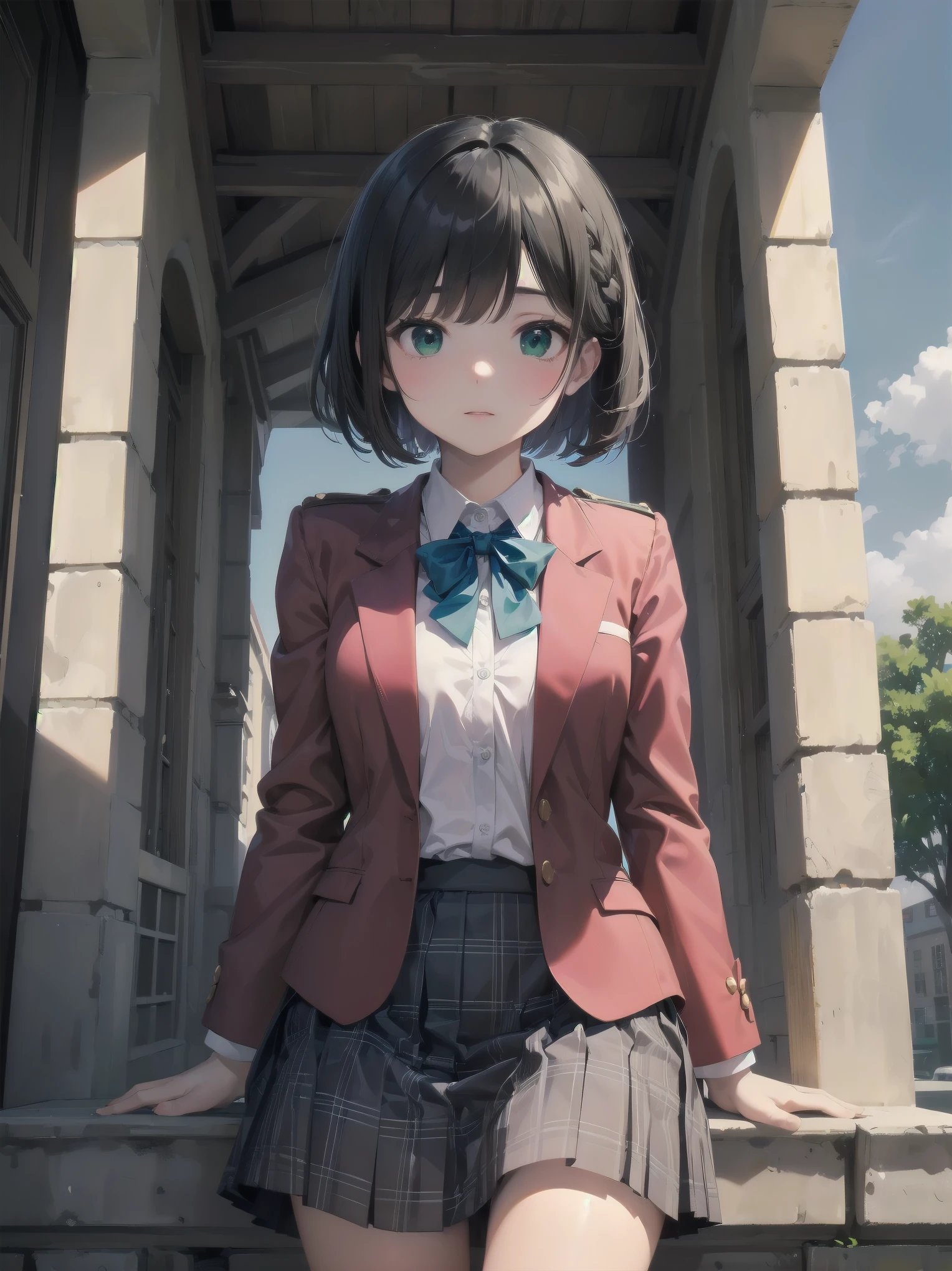 Top-High quality、Highest image quality、masterpiece、high contrast、Colorful、elegance、Sexy expression、high school girl、beautiful woman、Bob cut braids、uniform、(red blazer)、Ribbon tie、(Green and gray plaid skirt)、(black tightovie-like shadows、fine shading、cute、Truly unbelievably cute absurd、outside、school trip、national treasures、Traditional buildings、blue sky
