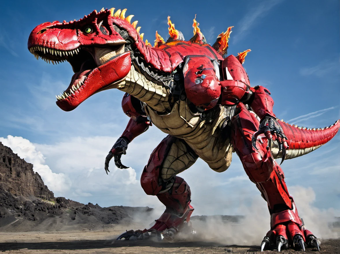 The Red Tyrannosaurus Rex-mech from Power Rangers is a towering robotic dinosaur with fiery red armor, adorned with blazing flames that flicker and dance across its body. Its powerful jaws are lined with razor-sharp teeth, and molten lava flows through its mechanical veins, giving it an elemental aspect of fire that strikes fear into the hearts of its enemies. As it roars into battle, flames erupt from its exhaust ports, leaving a trail of destruction in its wake. With each step, the ground trembles beneath its massive feet, signaling the unstoppable force of nature and technology combined.