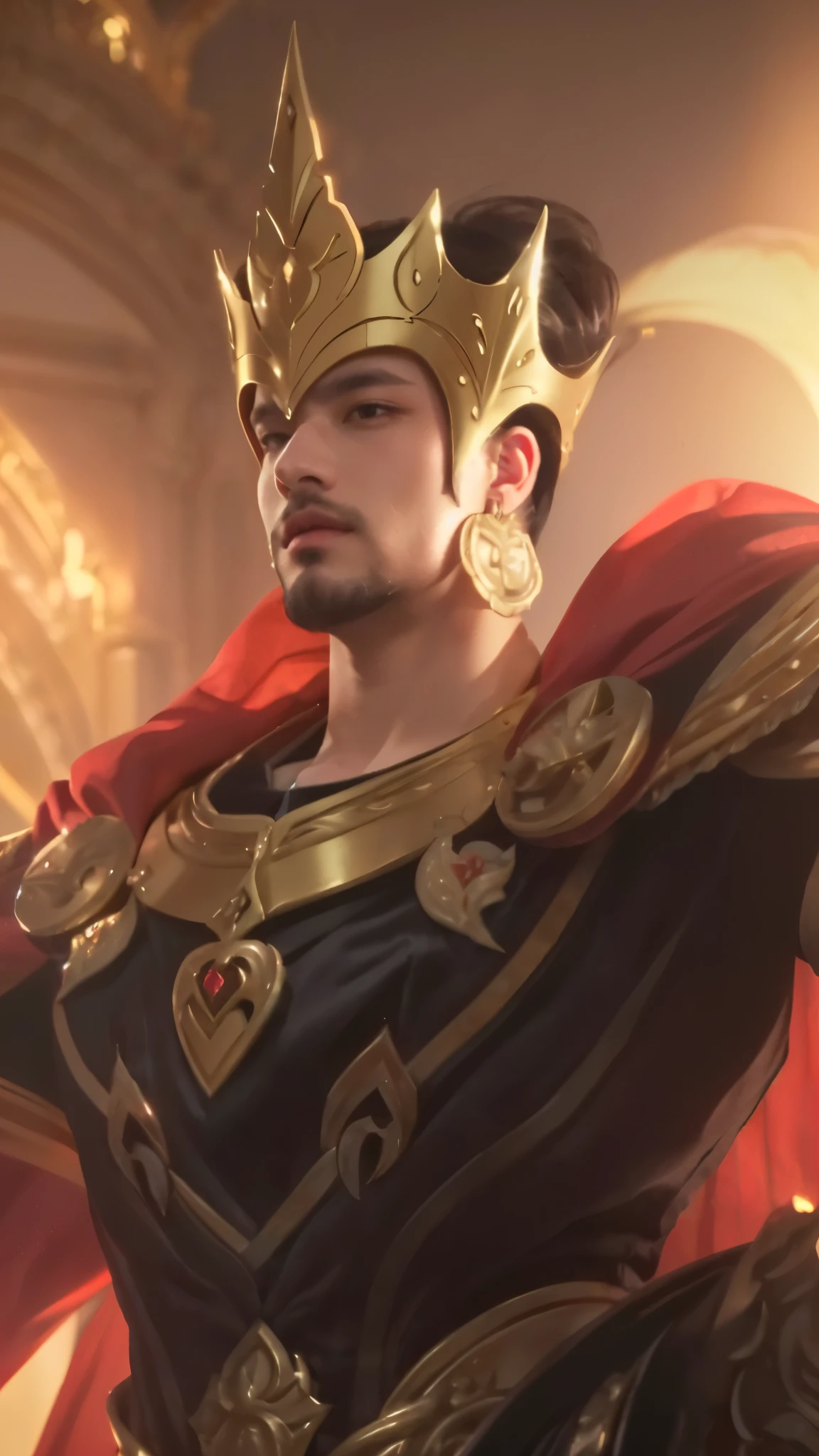 a realistic portrait of 1man, (best quality, highres, realistic), detailed face and expressions, vibrant colors, regal atmosphere, majestic lighting, royal presence, intricate crown design, flowing cape, confident gaze
