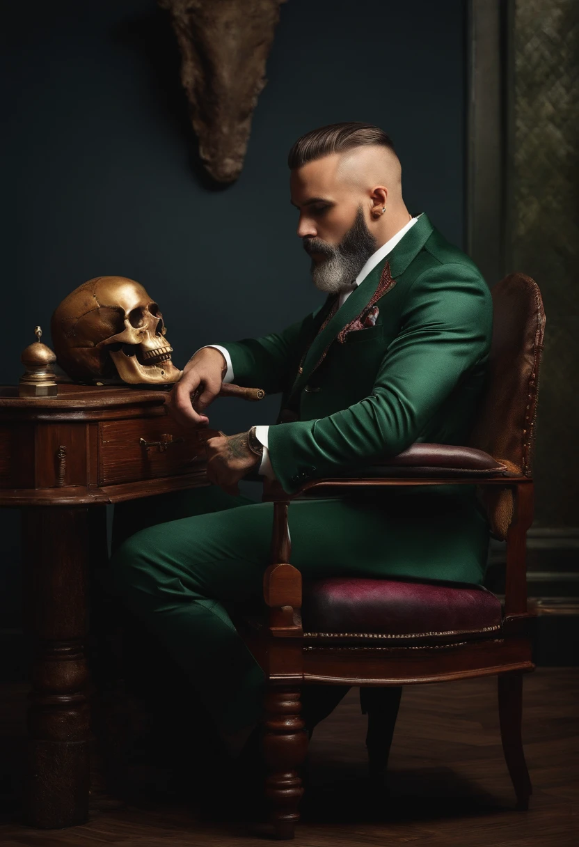 Barbero, his head is a skull, cortando cabello 