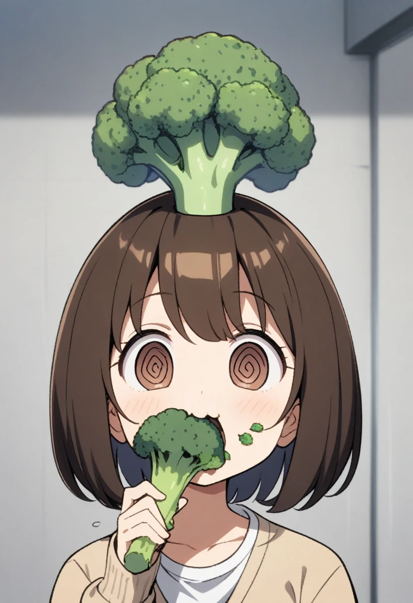 anime, 1girl, solo, mushroom growing on head focus, brown eyes, brown hair, bob cut, t-shirt, cardigan, eating broccoli, +_+, happy,