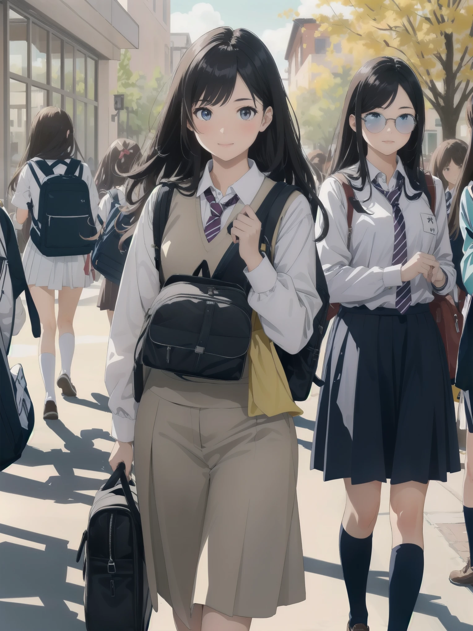 One girl, spring, high school, , warm colours, schoolbag, accurate and very detailed background, crowd of schoolgirls in uniform with various body shapes and hairstyles, cute.