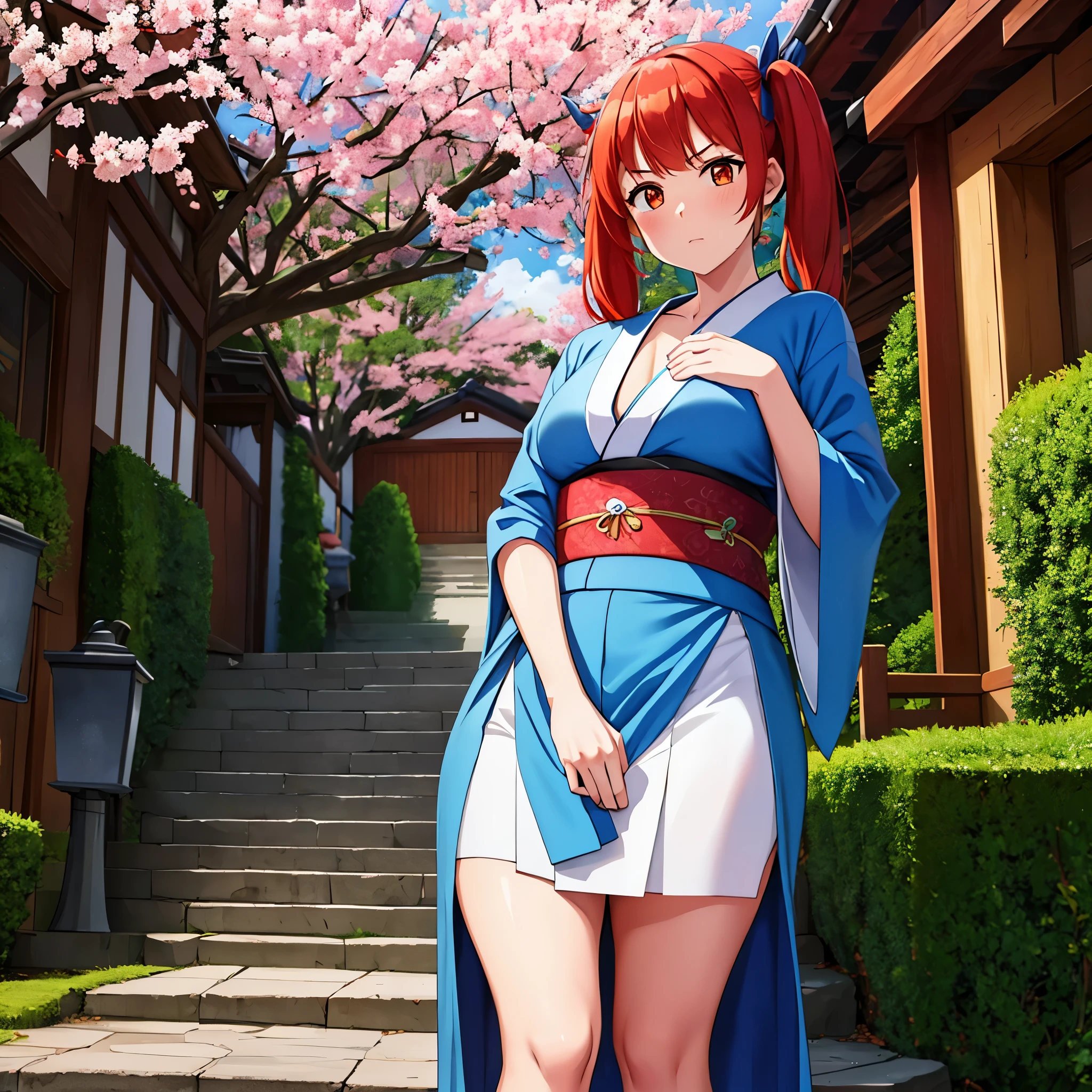 A woman wearing a baby blue kimono, with legs exposed, large breasts, red hair, navy pigtails, orange eyes, in a traditional Japanese street, sakura trees, Japanese arches, staircase, lighting, serious face,HDR, ultra resolution, sharp, masterpiece, 8K HD, (just a woman, solo)
