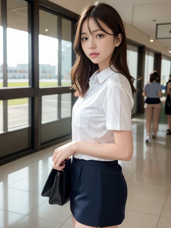 ((highest quality, 8K, masterpiece: 1.3, Raw photo)), sharp focus: 1.2, (1 aespa girl: 1.1), (realistic, photo-realistic:1.37), face focus, cute face, small breasts, flat chest, Brunette short messy hair, walk, Business suit skirt, white shirt, Station, airport, sunlight, cinematic lighting