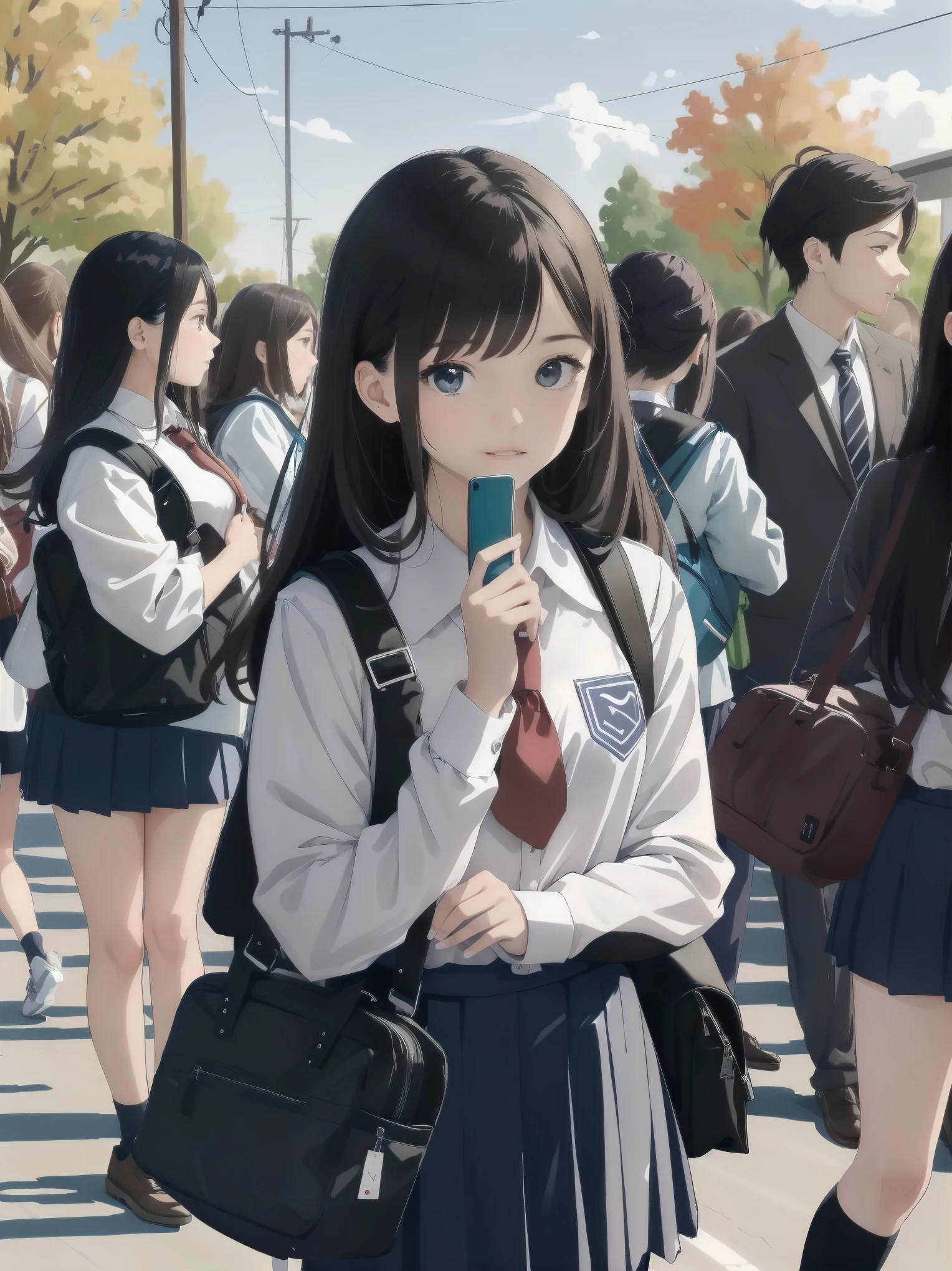 One girl, spring, high school, , warm colours, schoolbag, accurate and very detailed background, crowd of schoolgirls in uniform with various body shapes and hairstyles, cute.