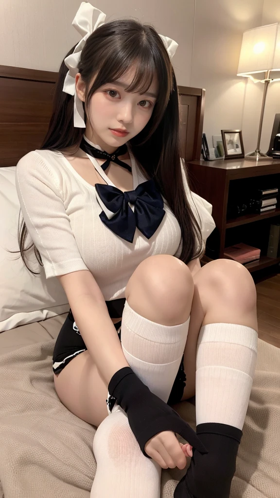 muste piece, best quality, illustration, Super detailed, fine details, High resolution, 8K,wall paper, perfect dynamic composition,(Details High quality, realistic depiction of eyes:1.3), (bow ribbon、knee high socks:1.3)、Look at viewers、blush、Kneeling、Facing up、ribbon bondage, twintail, black hair color, Big Natural Color Lip, bold sexy pose, (perfect body shape), crying a little、cold gaze, Harajuku style、20 year old girl、cute type、lolita、beautiful legs, hotel room, hposing Gravure Idol, Voluptuous thighs