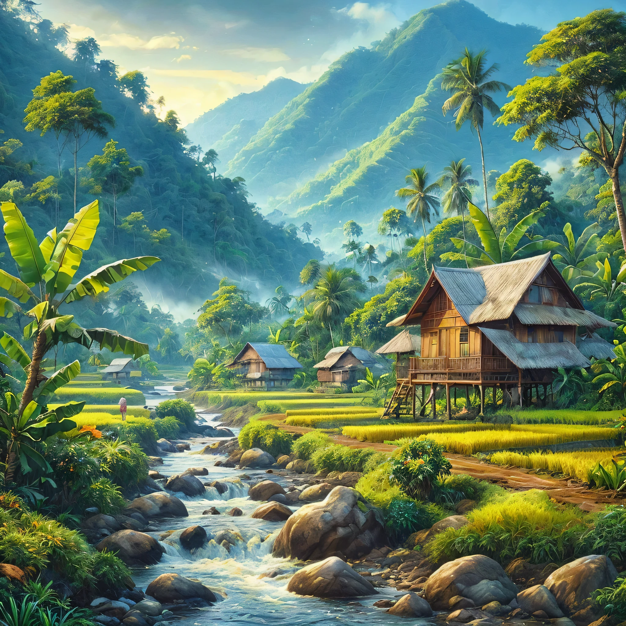 beautiful paintings of rice fields, rocky rivers, banana trees, coconut trees, wooden houses with tin roofs, with mountain backgrounds, fine art paintings, trending in the CG community, Sumatra, houses in the forest, son, tropical locations, cellphone wallpapers