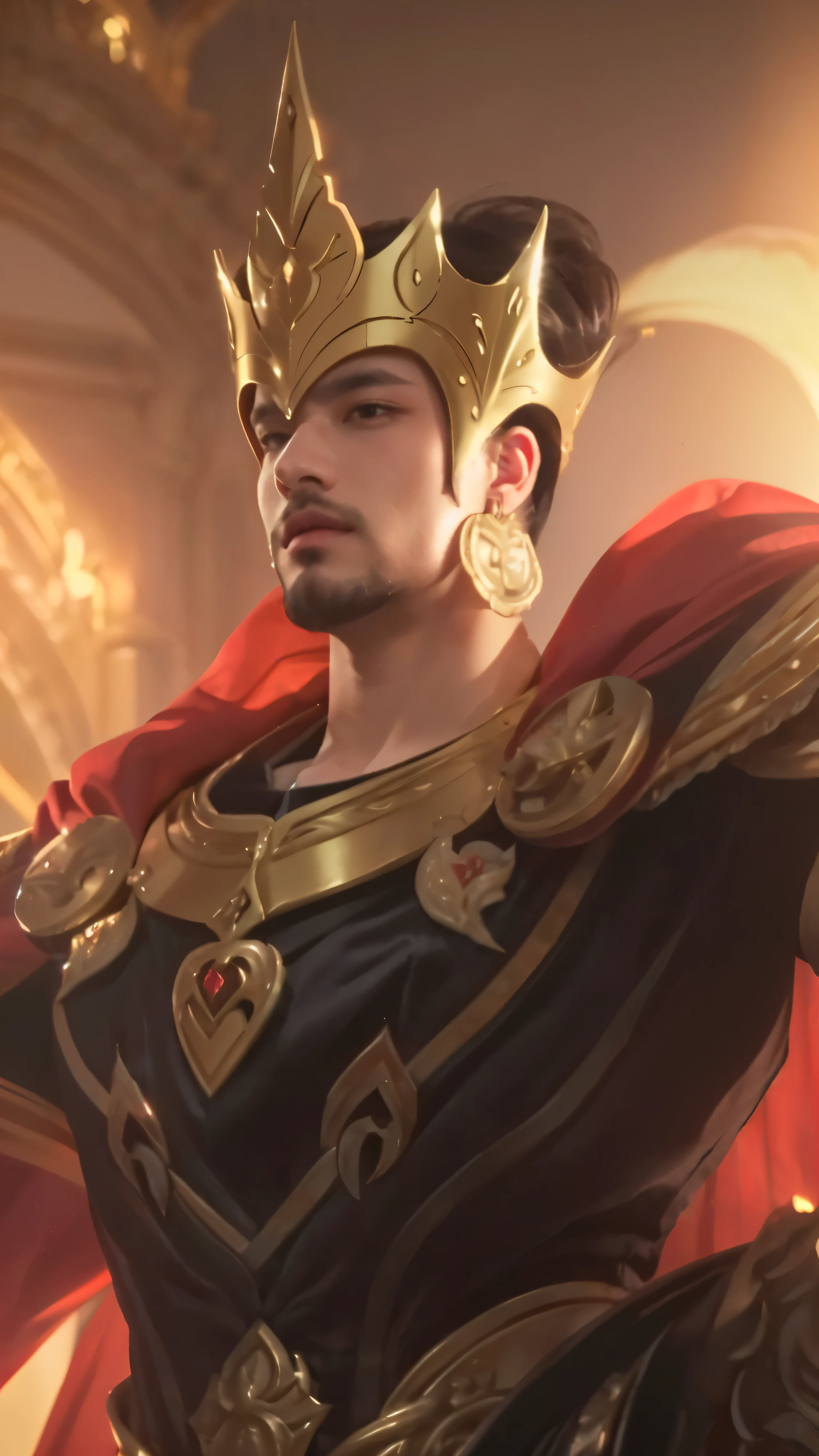 a realistic portrait of 1man, (best quality, highres, realistic), detailed face and expressions, vibrant colors, regal atmosphere, majestic lighting, royal presence, intricate crown design, flowing cape, confident gaze