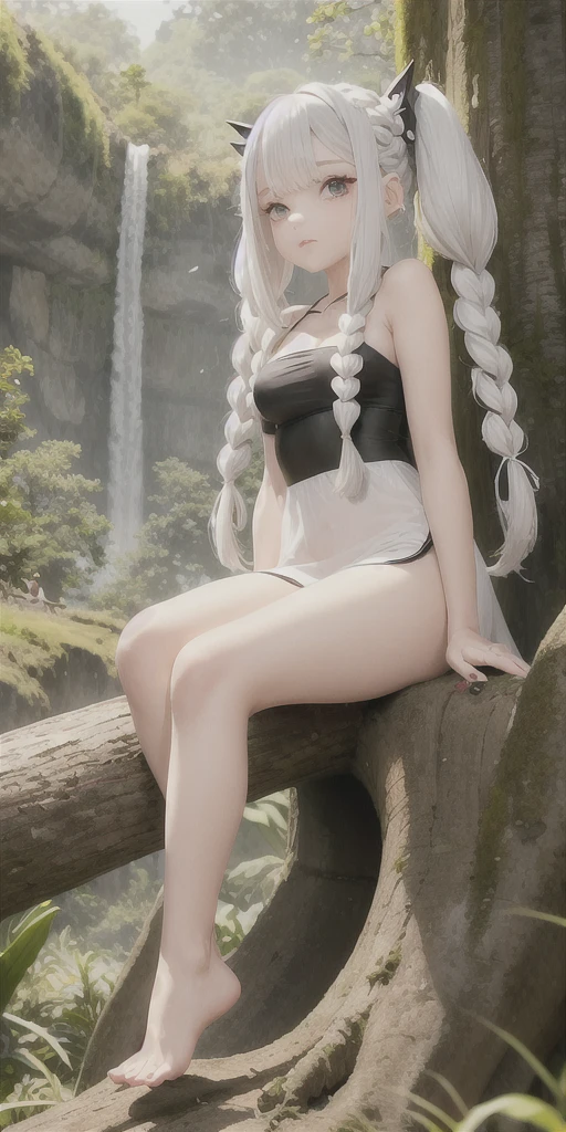 best quality, masterpiece, white hair, golden eyes, transparent white clothes, sitting, legs apart, no underwear, unbuttoned clothes, nude, desirable, hair strand, fair skin, side braids
