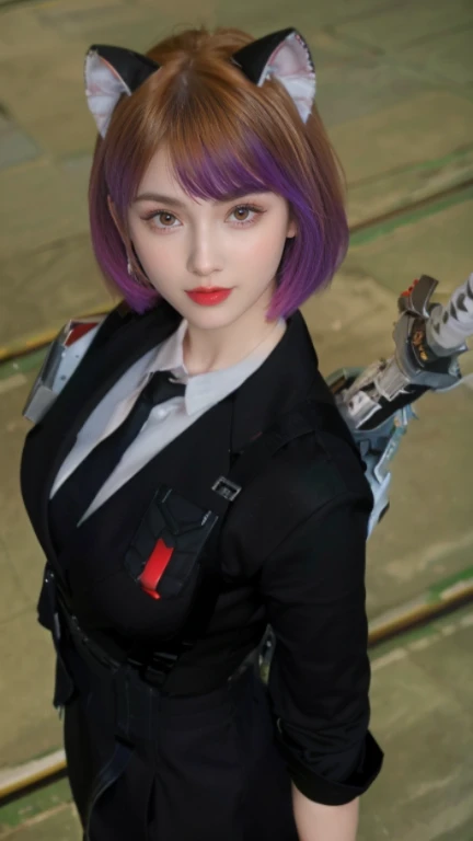 tmasterpiece,Best quality,A high resolution,8K,(Portrait photograph:1.5),(ROriginal photo),real photograph,digital photography,(Combination of cyberpunk and fantasy style),(Female soldier),20 year old girl,long ponytail hair,By bangs,black color hair,(Red eyeigchest, accessories,Redlip,(He frowned,Sneer),(Cyberpunk combined with fantasy style clothing,Openwork design,joint armor,Hologram glasses,Combat uniforms,White clothes,green color),exposing your navel,Photo pose,Realisticstyle,white backgrounid,oc render reflection texture