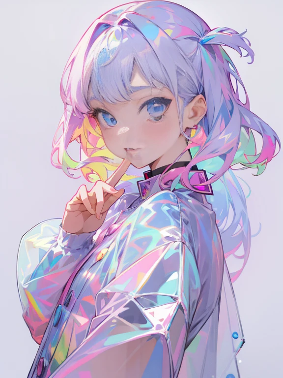 Transparent Colored PVC Clothing, Transparent colored vinyl garment, prismatic, a hologram, color difference, Fashion illustration, tmasterpiece, Harajuku Fashion Girls, looking at viewert,pretty eyes, 8K, ultra - detailed, pixiv,(fully body photo),Rainbow theme