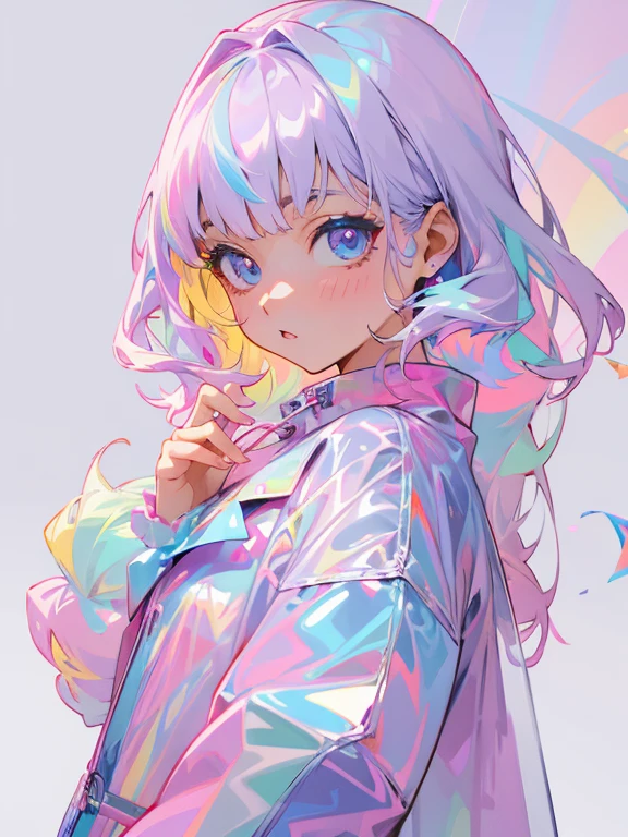Transparent Colored PVC Clothing, Transparent colored vinyl garment, prismatic, a hologram, color difference, Fashion illustration, tmasterpiece, Harajuku Fashion Girls, looking at viewert,pretty eyes, 8K, ultra - detailed, pixiv,(fully body photo),Rainbow theme