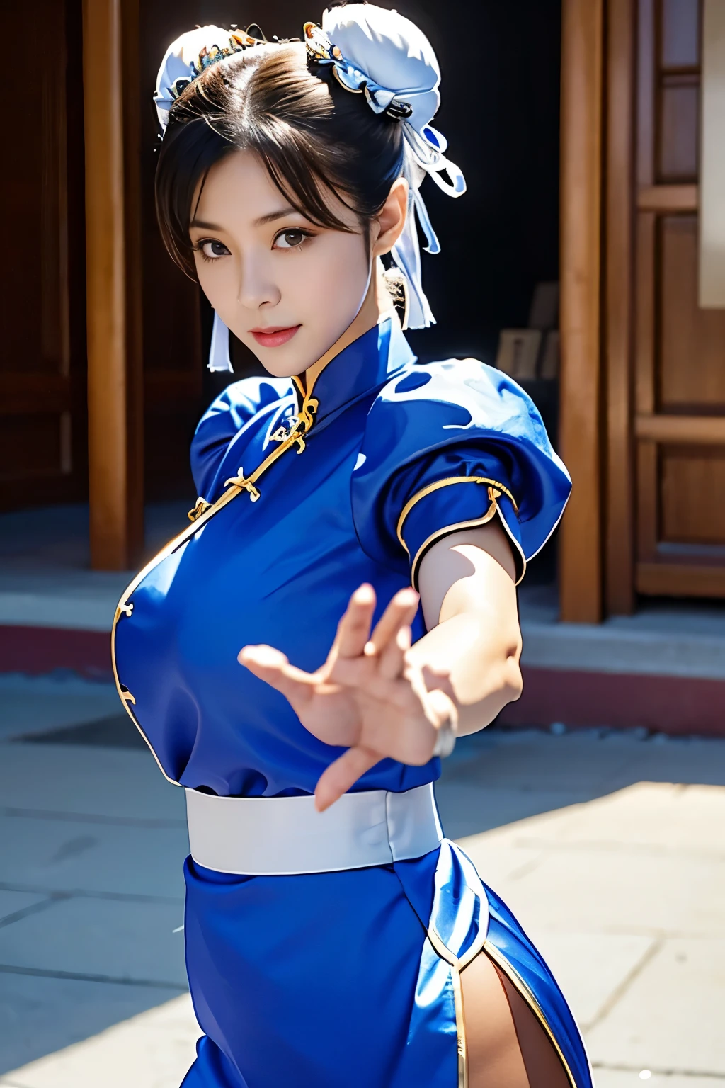 Chun-Li from Street Fight II,perfect chun li costume,blue cheongsam with gold lines,Bun head,Good cover,fighting pose,ハイkick,kick、raise your legs,masterpiece、1 beautiful girl、fine eyes、puffy eyes、highest quality, 超High resolution, (reality: 1.4), movie lighting、super beautiful、beautiful skin、body turns forward、(超reality的な)、(High resolution)、(8K)、(very detailed)、(美しくfine eyes)、(Super detailed)、 (wall-)、detailed face、bright lighting、professional lighting、looking at the viewer、Look straight ahead、slanted bangasterpiece, highest quality, masterpiece, highest quality, perfect face, perfect brown eyes with white sclera, Bad move - 5, alone, 1 girl, Upper body, brown hair, From SF2, Chinese service, smile, muscular woman, blue clothes, pantyhose, pelvic curtain, Plump short sleeves, Good cover, sash, evaluation:safety