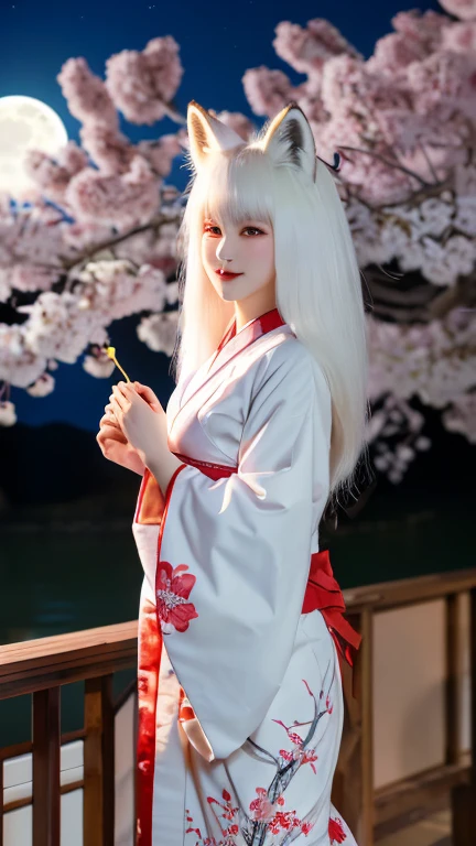 masterpiece,High resolution,White fox wearing Japanese kimono,A beastman with a white fox&#39;s tail,Cherry Blossoms at Night,torii,full moon