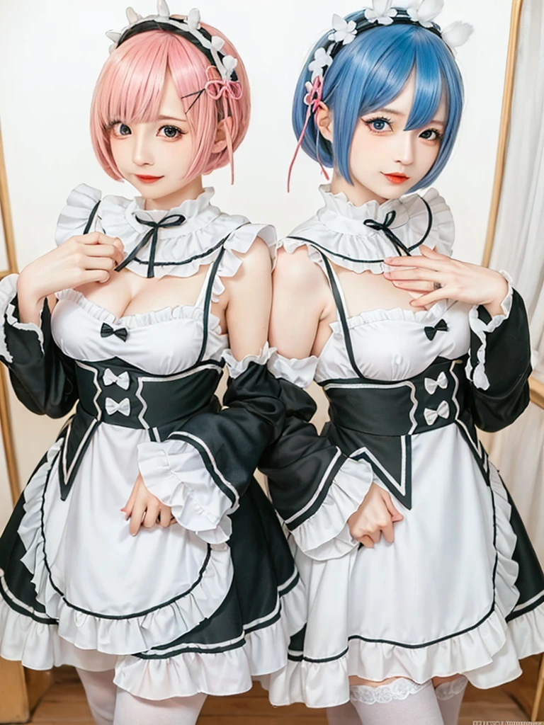 (8K, Photorealistic, Raw photo, of the highest quality: 1.3), (1girl in), Super beautiful, (Realistic face), (boyish, pink Color Berry Shorthair), Beautiful , Glare that captivates the viewer, Beautiful expression, Beautiful breasts, (Realistic skin), Be...Create a detailed and colorful image of Ram and Rem from Re:Zero, standing back-to-back in their maid outfits, with a magical fantasy background、ars old, two girls,cute, perfect face, beautiful, nice body, gothic lolita clothes, gothic lolita fashion, frilly skirt, headdress, necklace, bracelet, knee-high socks, boots, double eyelids, tear bags, Detailed down to the fingers, photo-like description, indoors, dim indoor lighting, one girl is pink hair and short bob, another girl is light blue hair and short bob,standing, sexy posing,whole body, composition that shows the whole body, smiling,The Both of them are wearing the same type of maid outfit,Optimal ratio of 4 fingers and 1 thumb