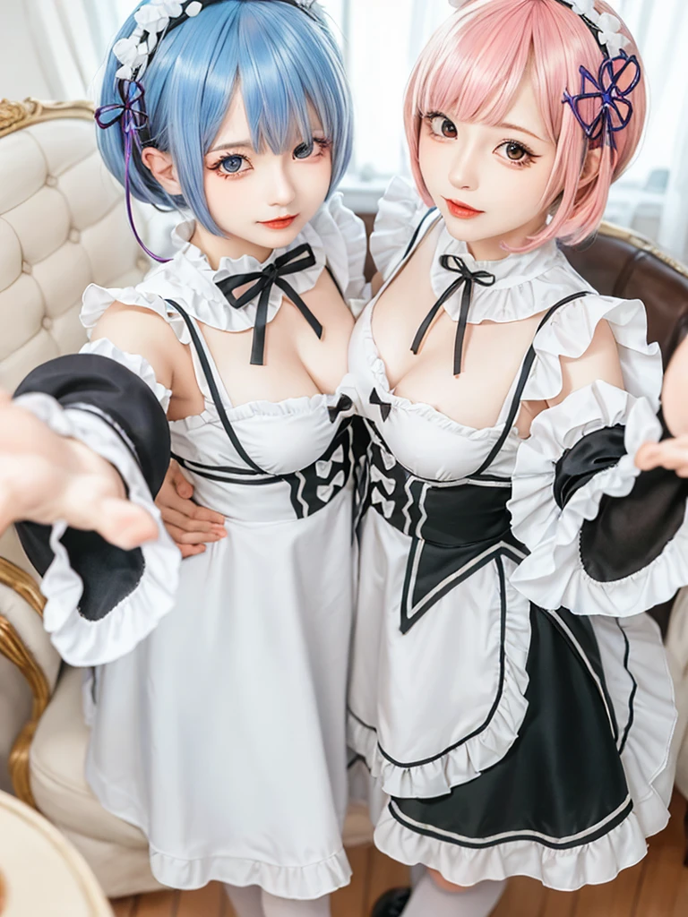 (8K, Photorealistic, Raw photo, of the highest quality: 1.3), (1girl in), Super beautiful, (Realistic face), (boyish, pink Color Berry Shorthair), Beautiful , Glare that captivates the viewer, Beautiful expression, Beautiful breasts, (Realistic skin), Be...Create a detailed and colorful image of Ram and Rem from Re:Zero, standing back-to-back in their maid outfits, with a magical fantasy background、14years old, two girls,cute, perfect face, beautiful, nice body, gothic lolita clothes, gothic lolita fashion, frilly skirt, headdress, necklace, bracelet, knee-high socks, boots, double eyelids, tear bags, Detailed down to the fingers, photo-like description, indoors, dim indoor lighting, one girl is pink hair and short bob, another girl is light blue hair and short bob,standing, sexy posing,whole body, composition that shows the whole body, smiling,The Both of them are wearing the same type of maid outfit,Optimal ratio of 4 fingers and 1 thumb