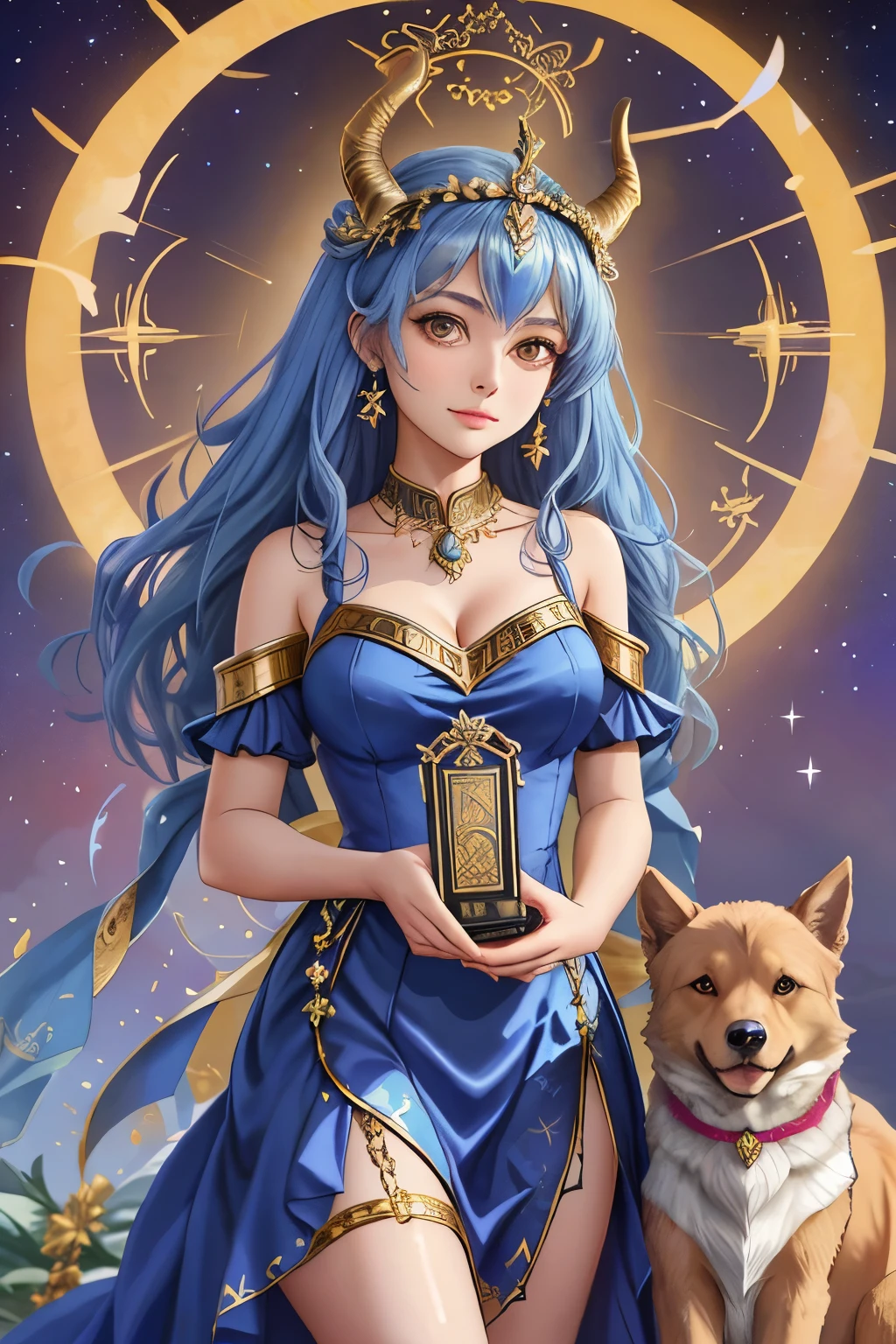a woman with horns and a dress holding two dogs, airmax12, jen bartel, by Andrée Ruellan, by Caroline Chariot-Dayez, by Max Buri, goddess art, cosmic goddess, ancient goddess, celestial goddess, hecate goddess, moon goddess, by Petros Afshar, by Kyle Lambert, art contest winner on behance, mystical anubis valkyrie