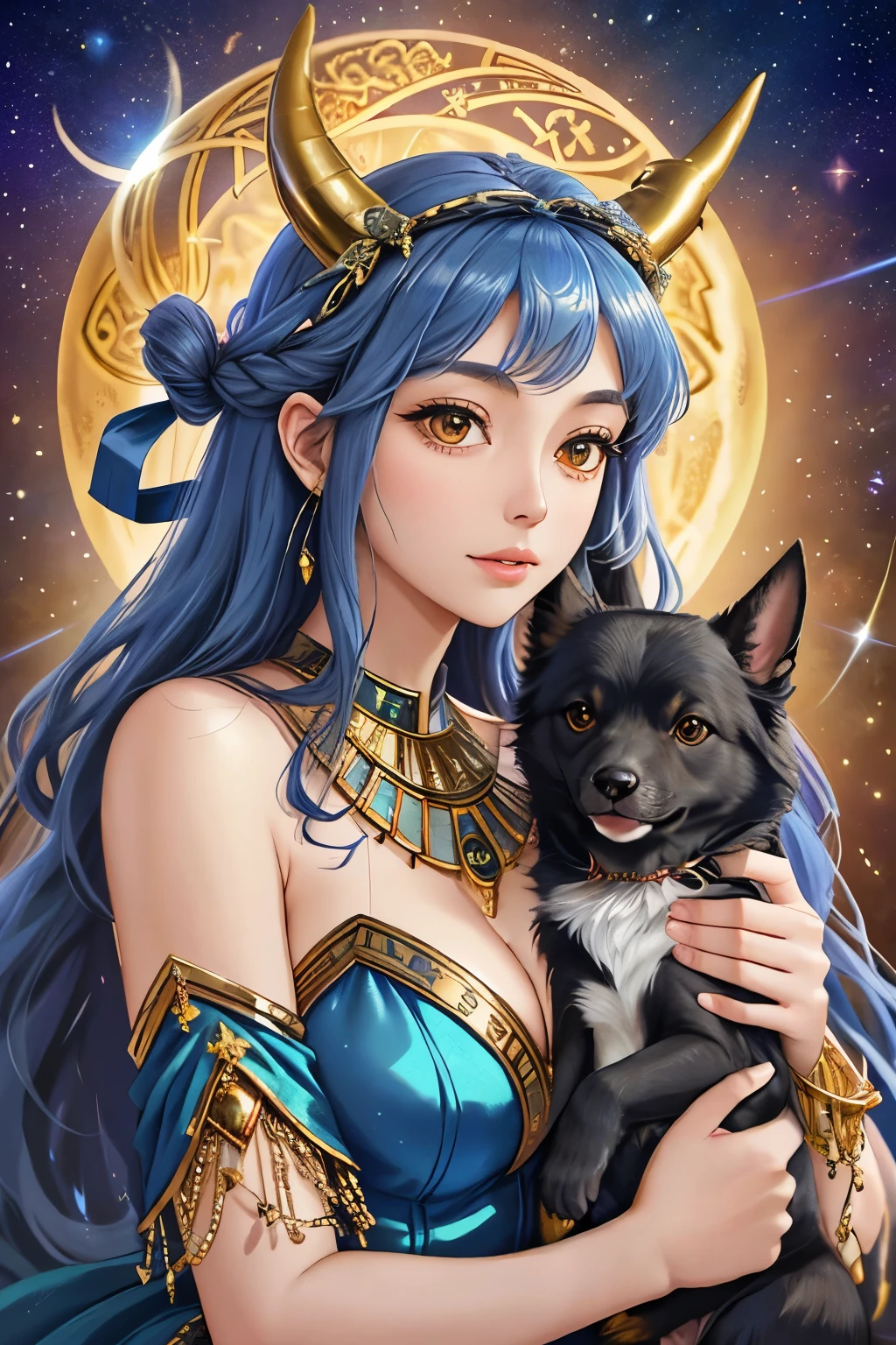 a woman with horns and a dress holding two dogs, airmax12, egyptian art by Andrée Ruellan, trending on cgsociety, fantasy art, jen bartel, goddess art, cosmic goddess, ancient goddess, celestial goddess, hecate goddess, moon goddess, art contest winner on behance, mystical anubis valkyrie, lunar goddess, goddess of space and time, hecate